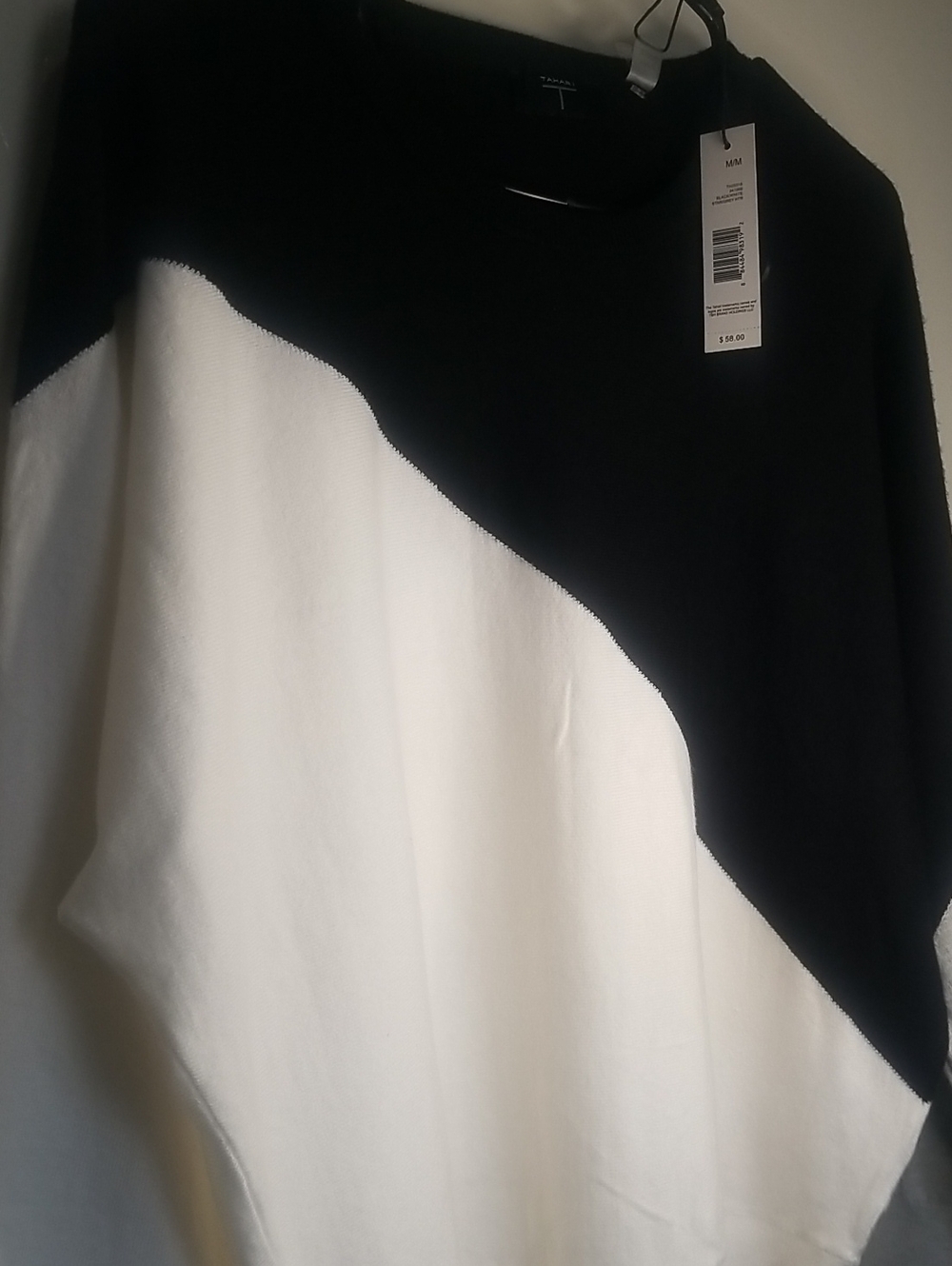 Tahari Black and White Diagonal Colorblock Crewneck Sweater